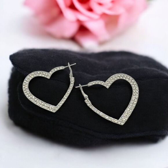 Silver Rhinestone Heart Hoop Earrings Studded Pierced Women's Jewelry Leverback - Picture 1 of 9